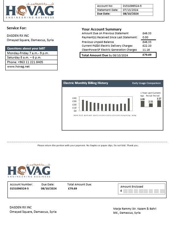 Syria HOVAG Company electricity business utility bill template in Word and PDF formats